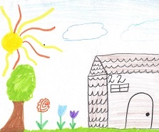 Children's drawing with house tree and sun